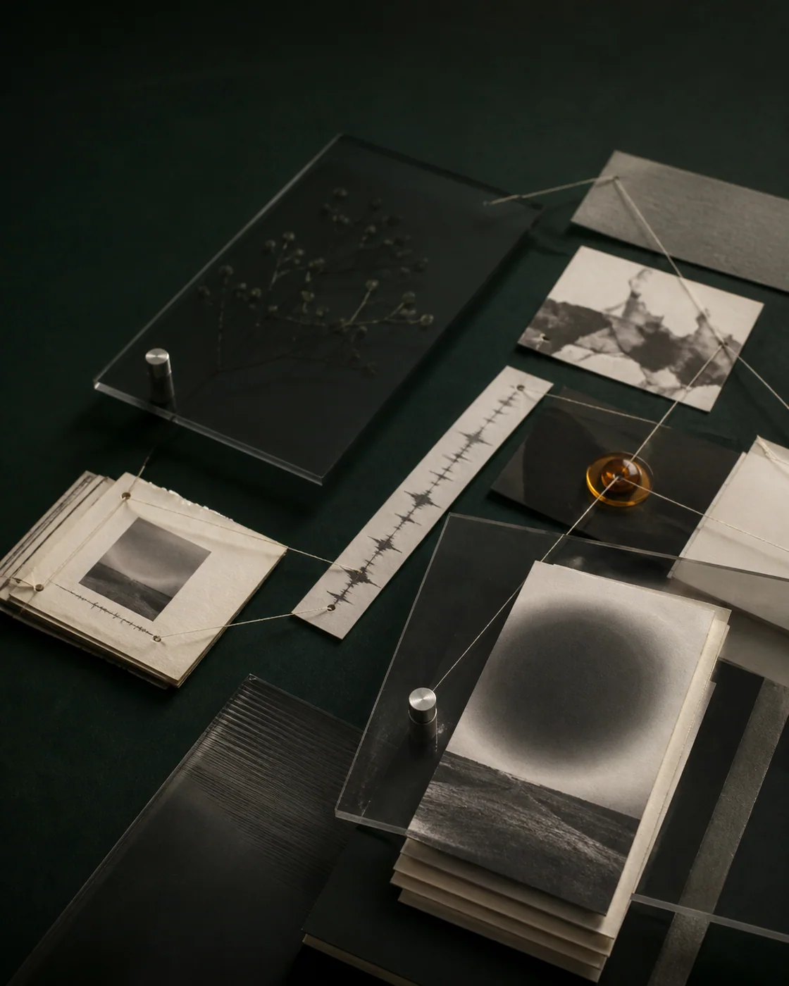 Layered catalog materials connected by fine threads